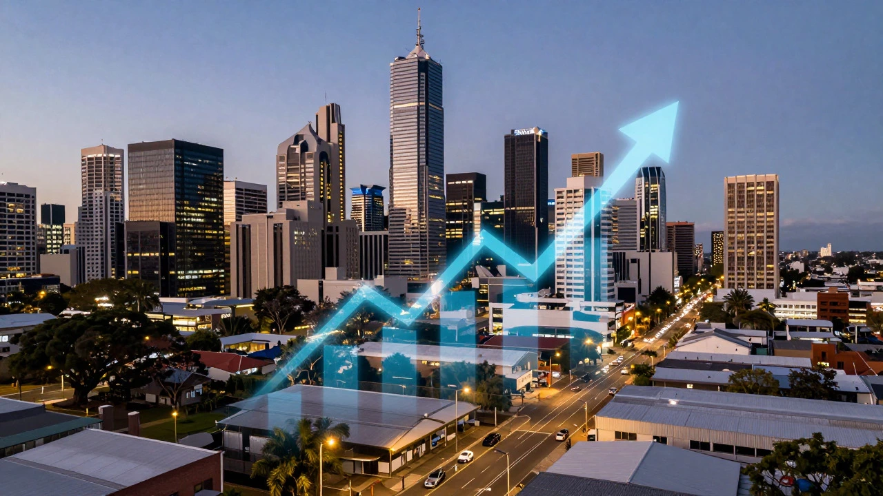 Australian cityscape at dusk with abstract financial growth overlays