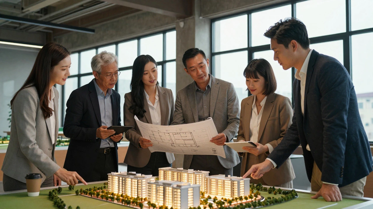 Business partners reviewing architectural plans for a real estate project
