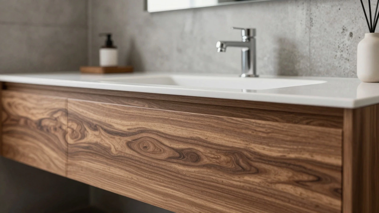Close-up of a walnut wood vanity and polished concrete wall in a modern bathroom