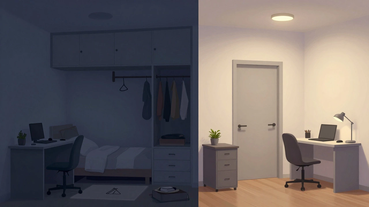 Comparison of chaotic studio vs organized 2BHK office zone