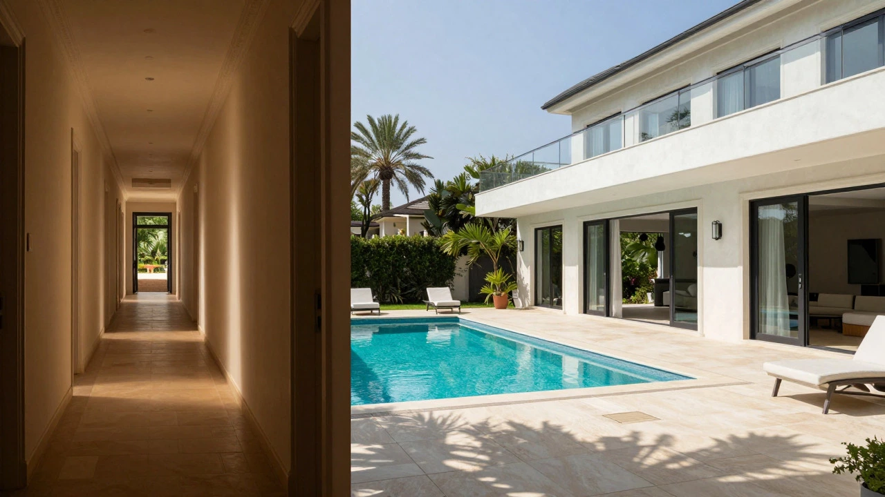 Comparison of enclosed mansion hallway versus open-plan villa living