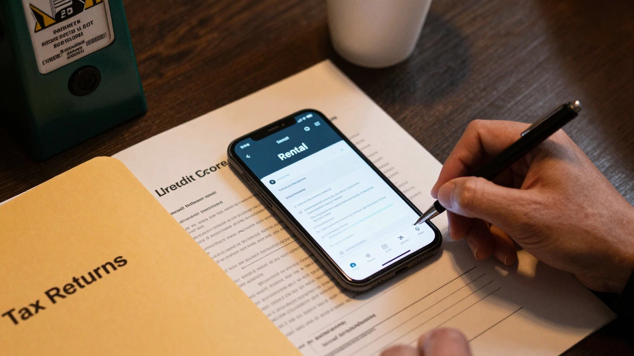 Desk with rental documents and phone showing DIY apartment search
