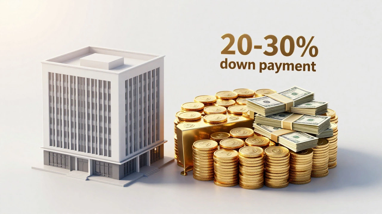 Gold coins forming a pie chart next to a commercial building model