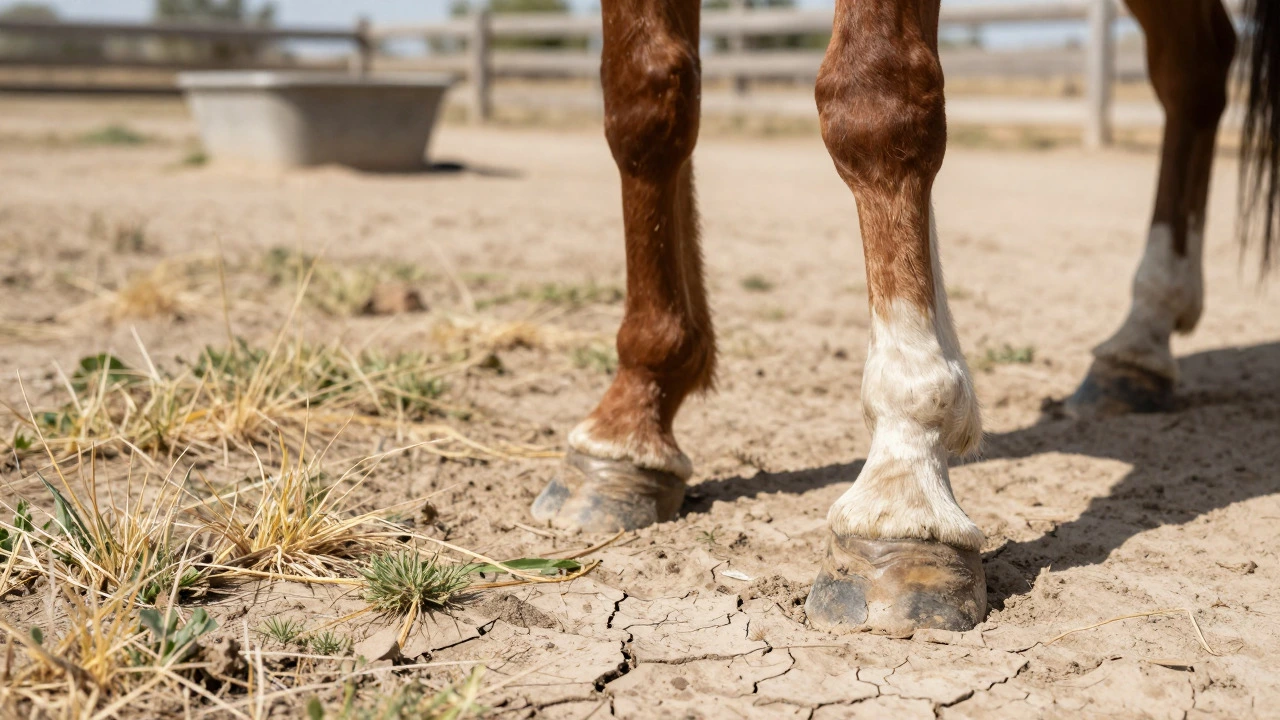 Horse on dry cracked earth showing need for supplemental feed