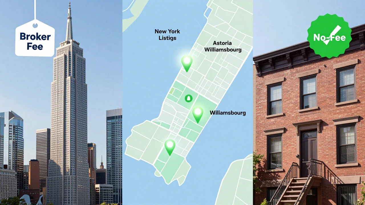 Illustration comparing fee vs no-fee apartments in different NYC boroughs