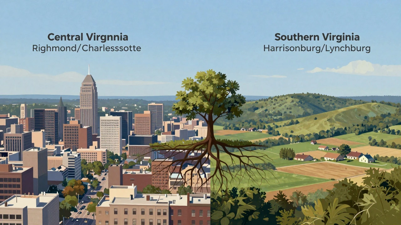 Illustration comparing urban and rural Virginia landscapes