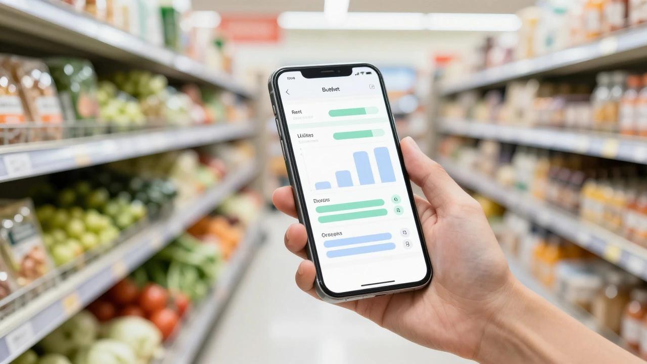 Person checking budget app in a grocery store aisle