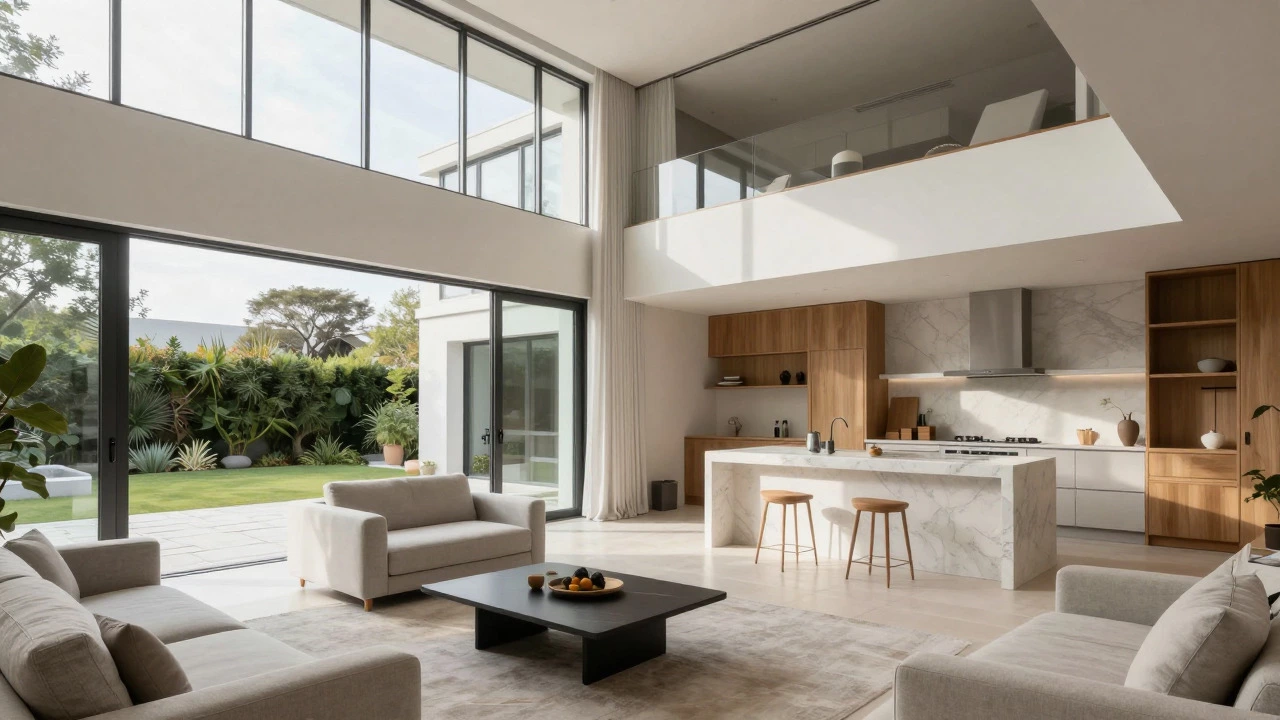 Spacious open-plan living room with high ceilings and large glass doors leading to a terrace
