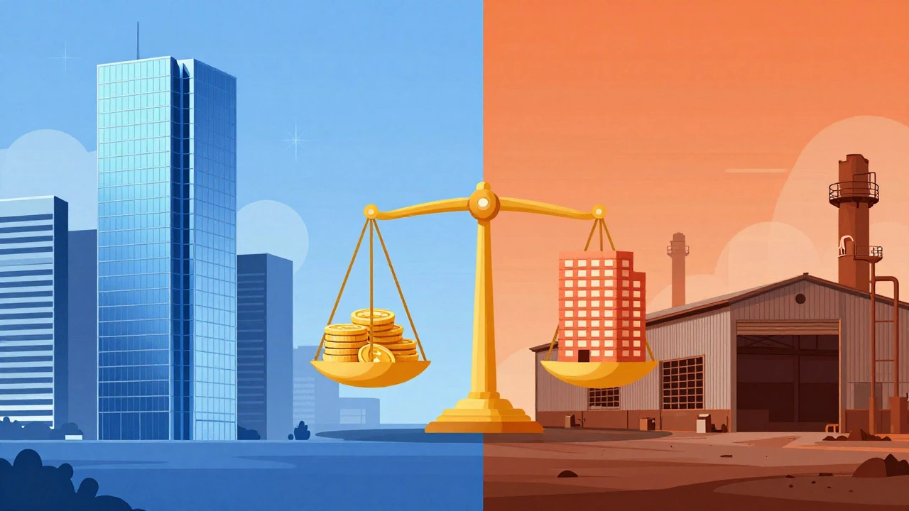 Visual comparison of Sydney office towers and industrial warehouses
