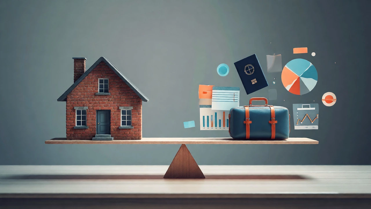 Abstract visual balancing a house model against travel and investment symbols.