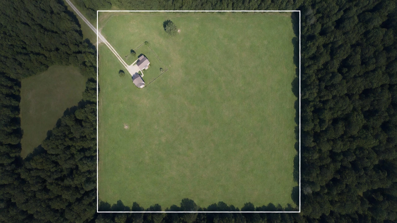 Aerial view of a square fenced pasture with a farmhouse