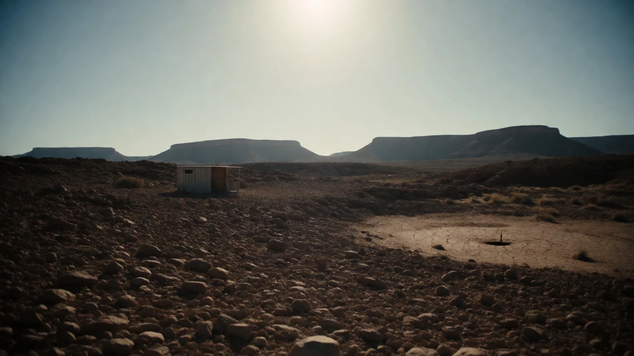 Arid desert landscape in New Mexico featuring rocky terrain and isolated off-grid structure.