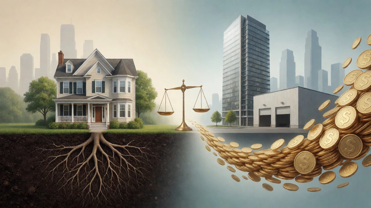 Conceptual art balancing residential land growth with commercial cash flow streams