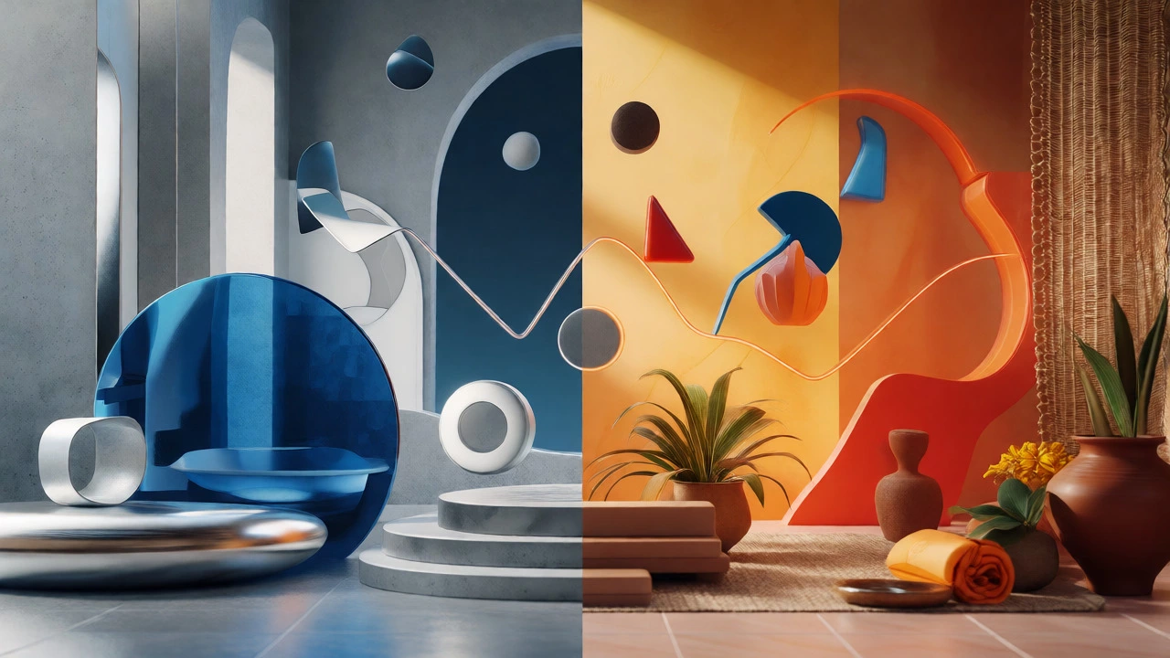 Conceptual split image showing cool villa assets against warm homestay elements.