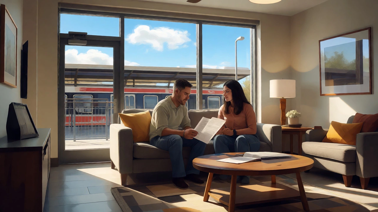 Couple reviewing housing documents in an apartment near a Metro station