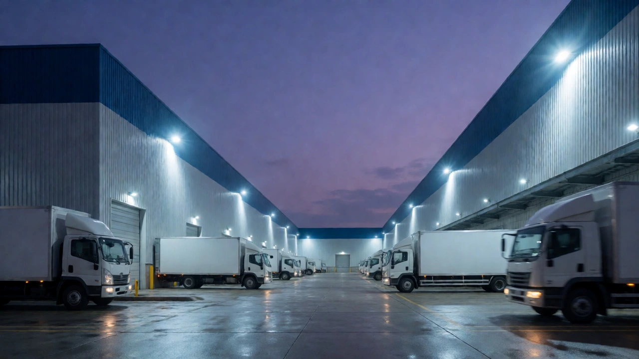 Industrial warehouses and trucks lit up at dusk representing e-commerce logistics