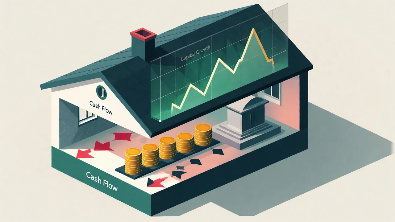 Isometric diagram contrasting cash flow streams with rising capital growth values.