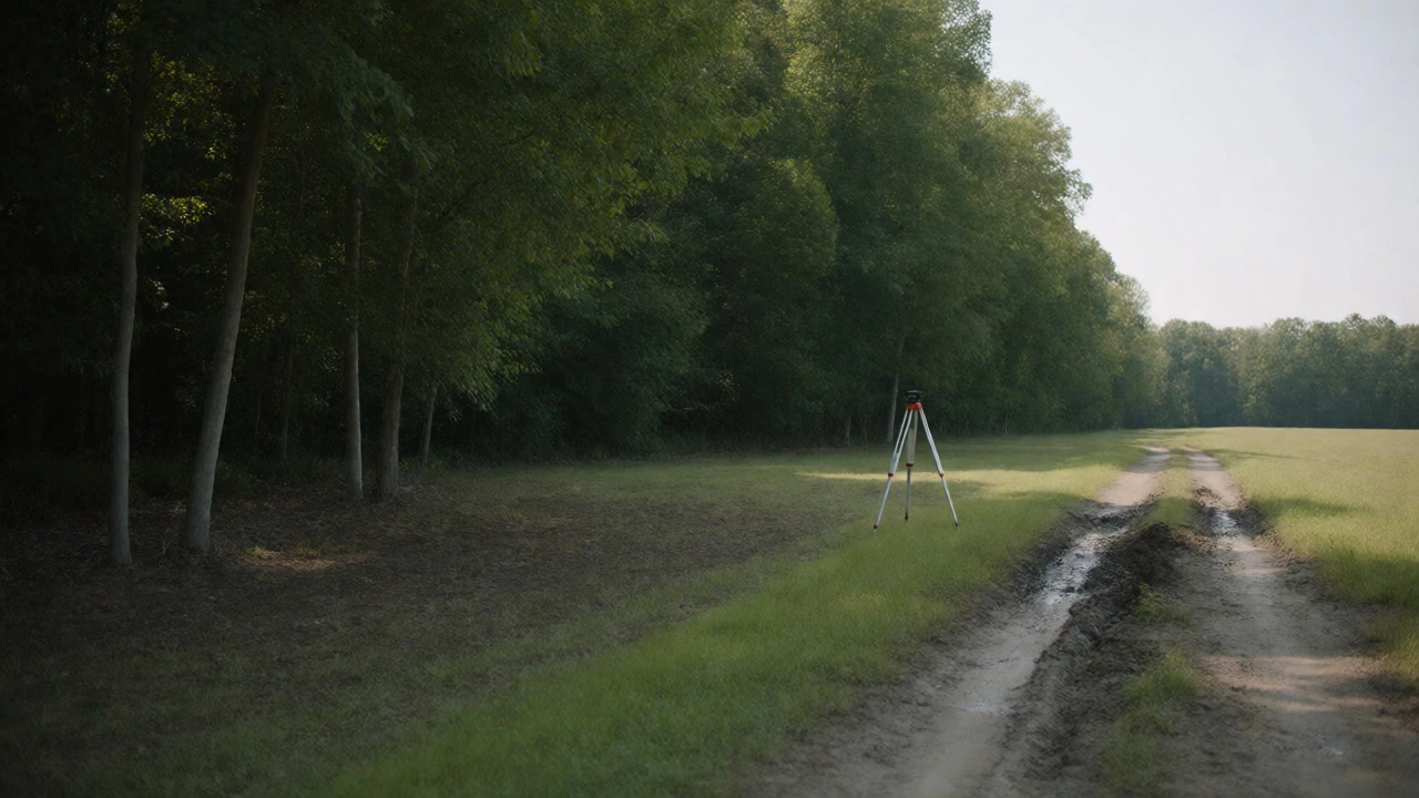 Rural land plot with muddy access road and surveyor equipment highlighting due diligence needs.
