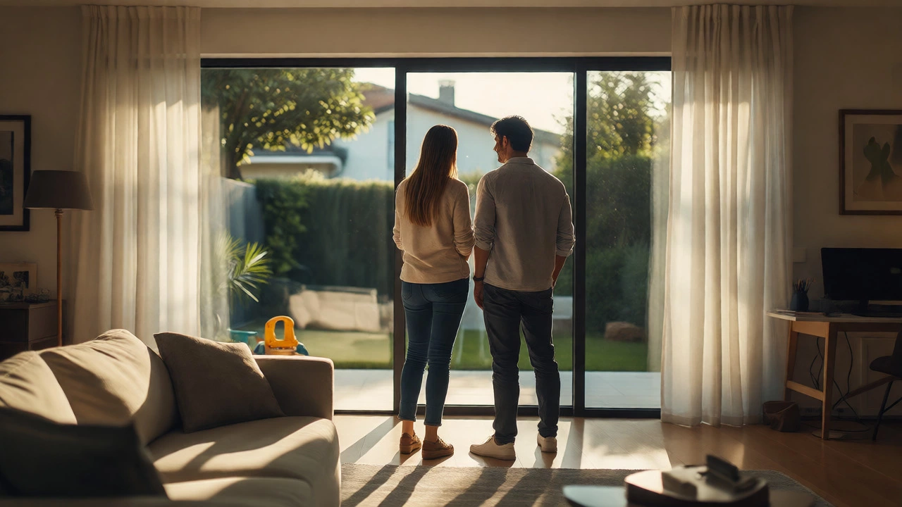 Stable couple in their 30s looking contentedly from their townhouse window.