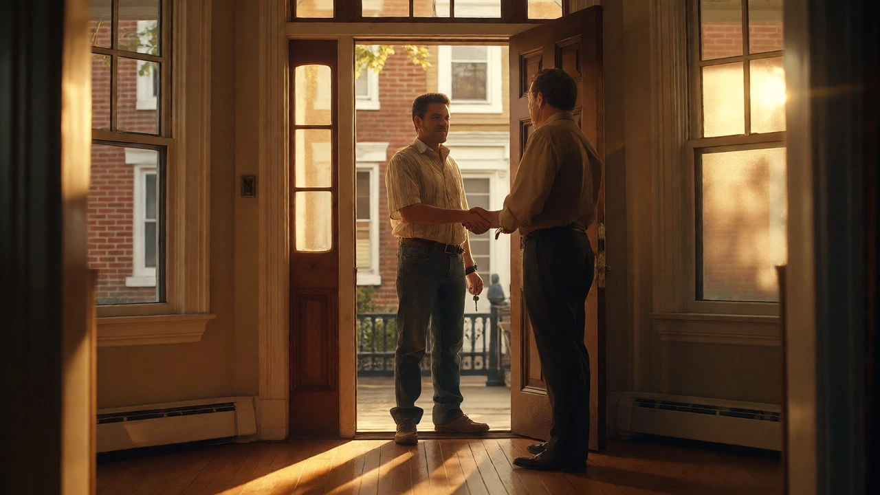 Tenant receiving keys from landlord in a Maryland apartment doorway