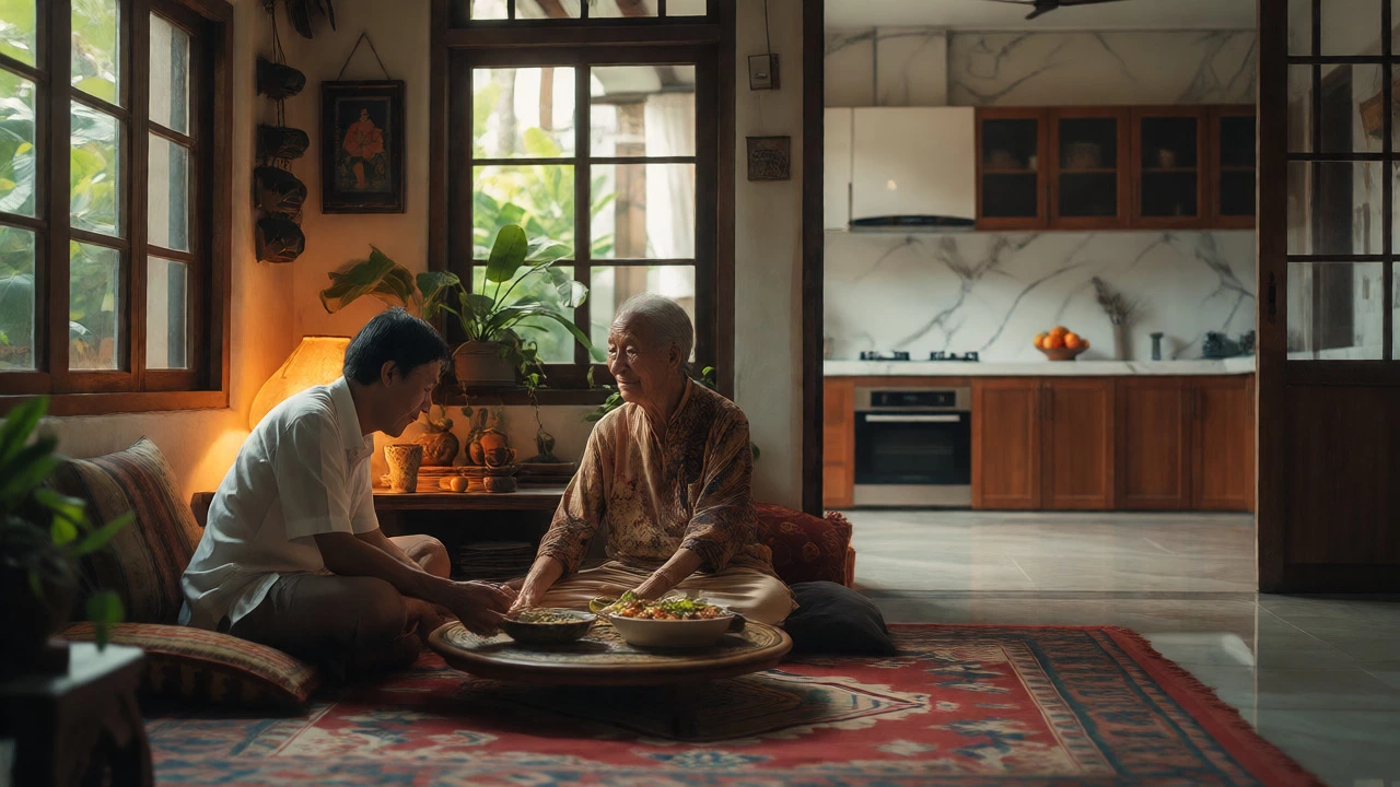 Traveler sharing a meal with a host in a homestay versus an empty luxury villa kitchen.