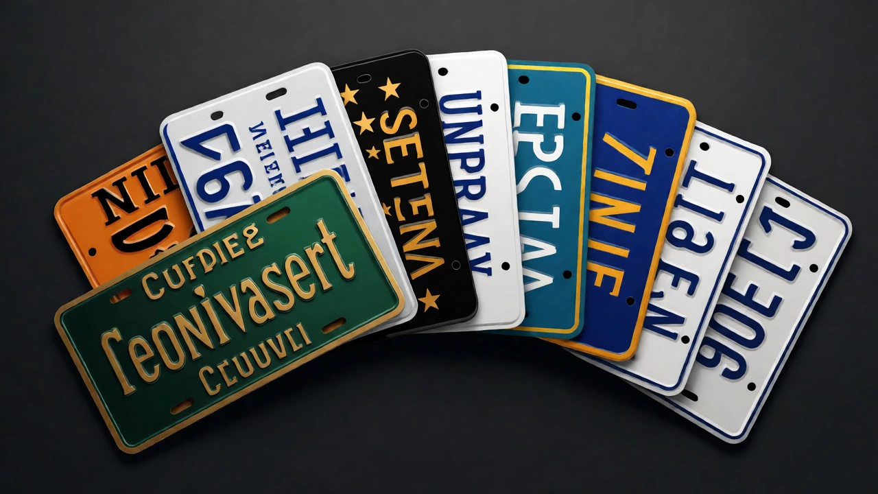 Collection of colorful NY specialty license plates including green, black, and university designs