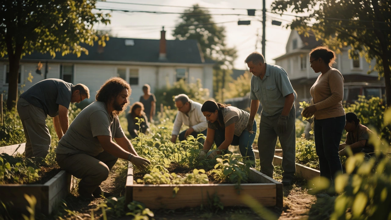 Community members gardening together in an urban park as a coping strategy