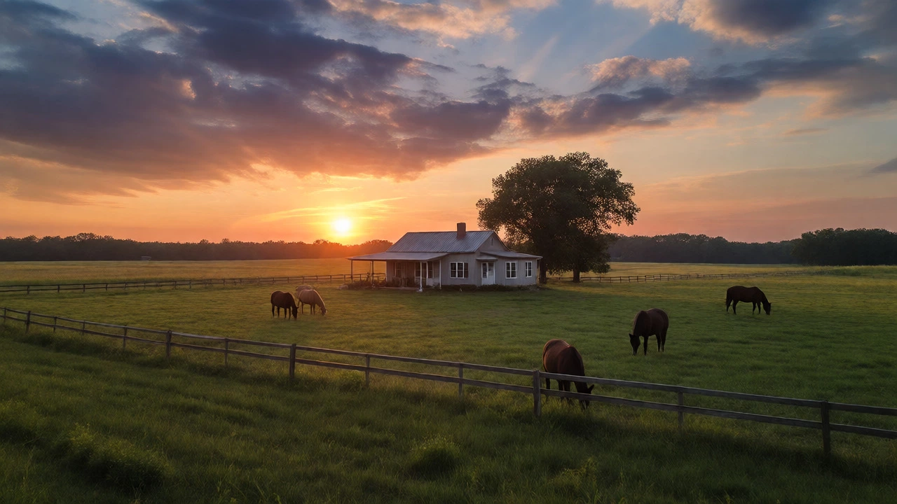 Homestead with grazing horses on a spacious 20-acre farm at sunset.