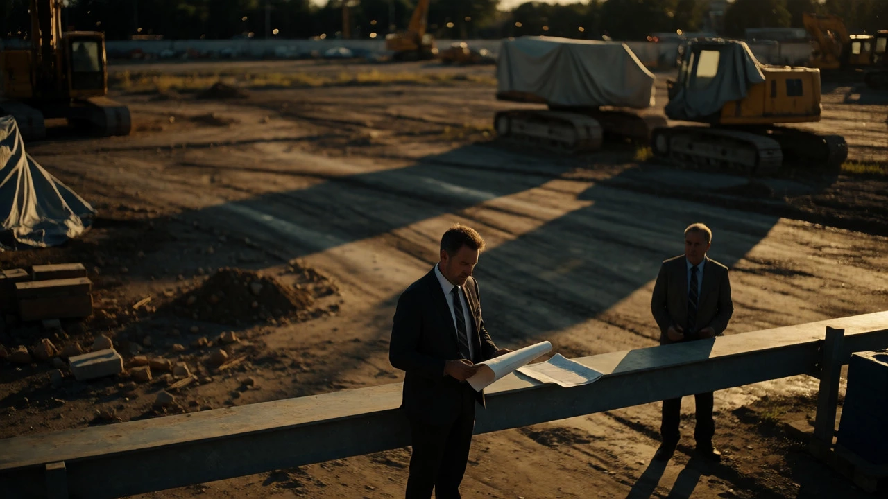 Investors negotiating on an empty lot at dusk near financial year-end