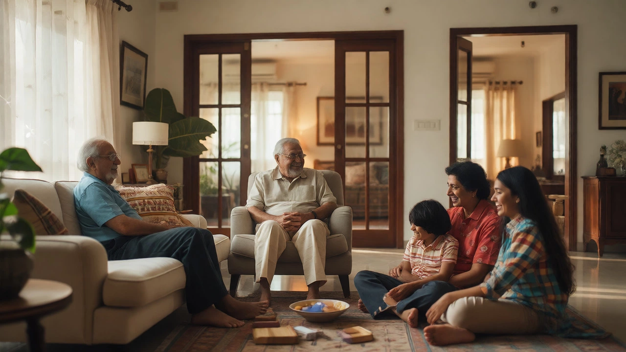 Multi-generational family relaxing in a large, sunlit apartment living room.