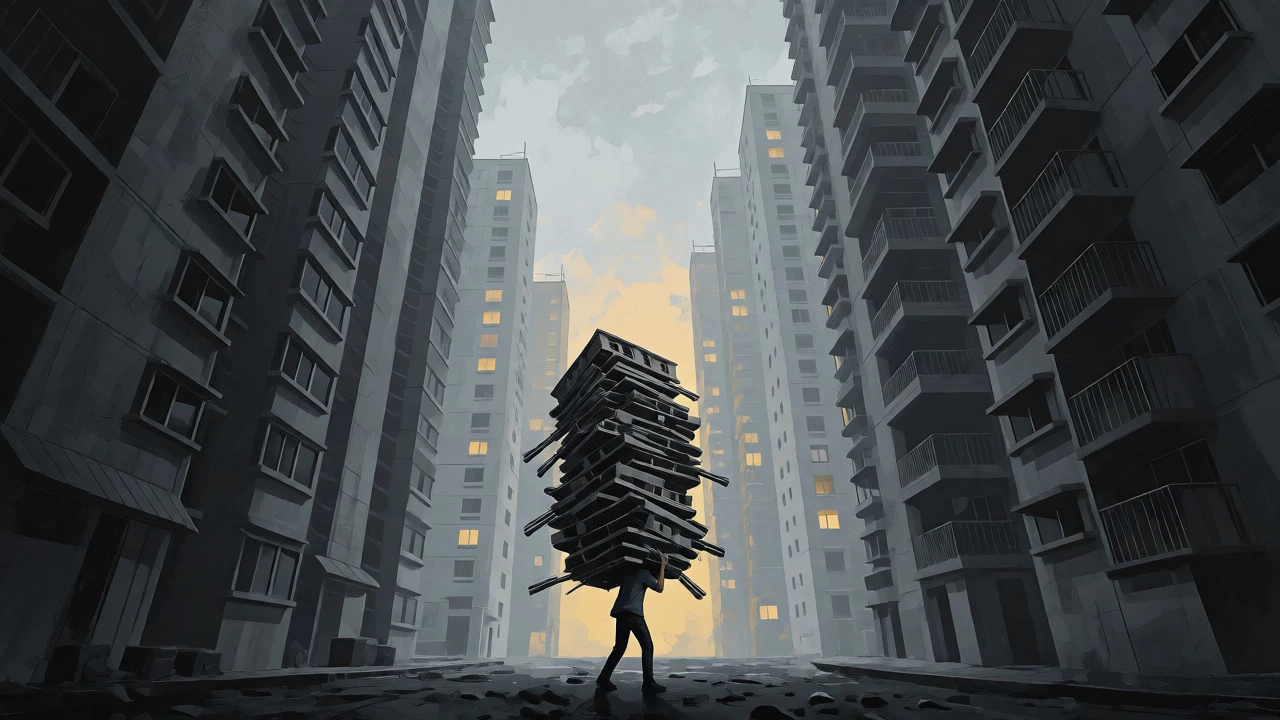 Person carrying heavy burden under looming high-rise apartments conceptual art