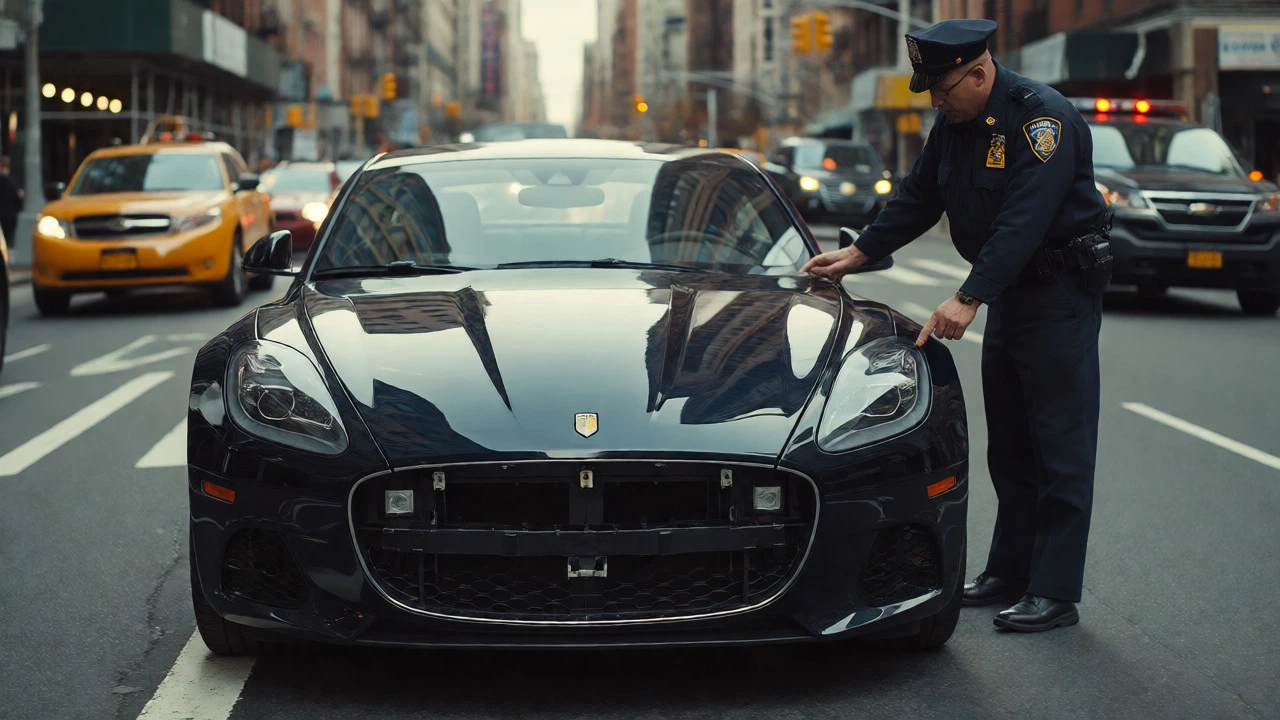 Police officer inspecting a European sports car missing its front license plate