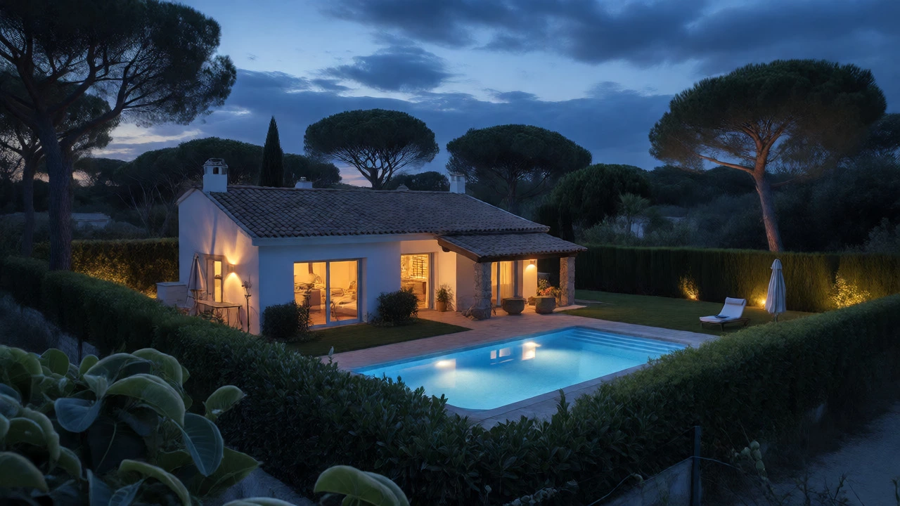 Secluded villa exterior with pool surrounded by high hedges