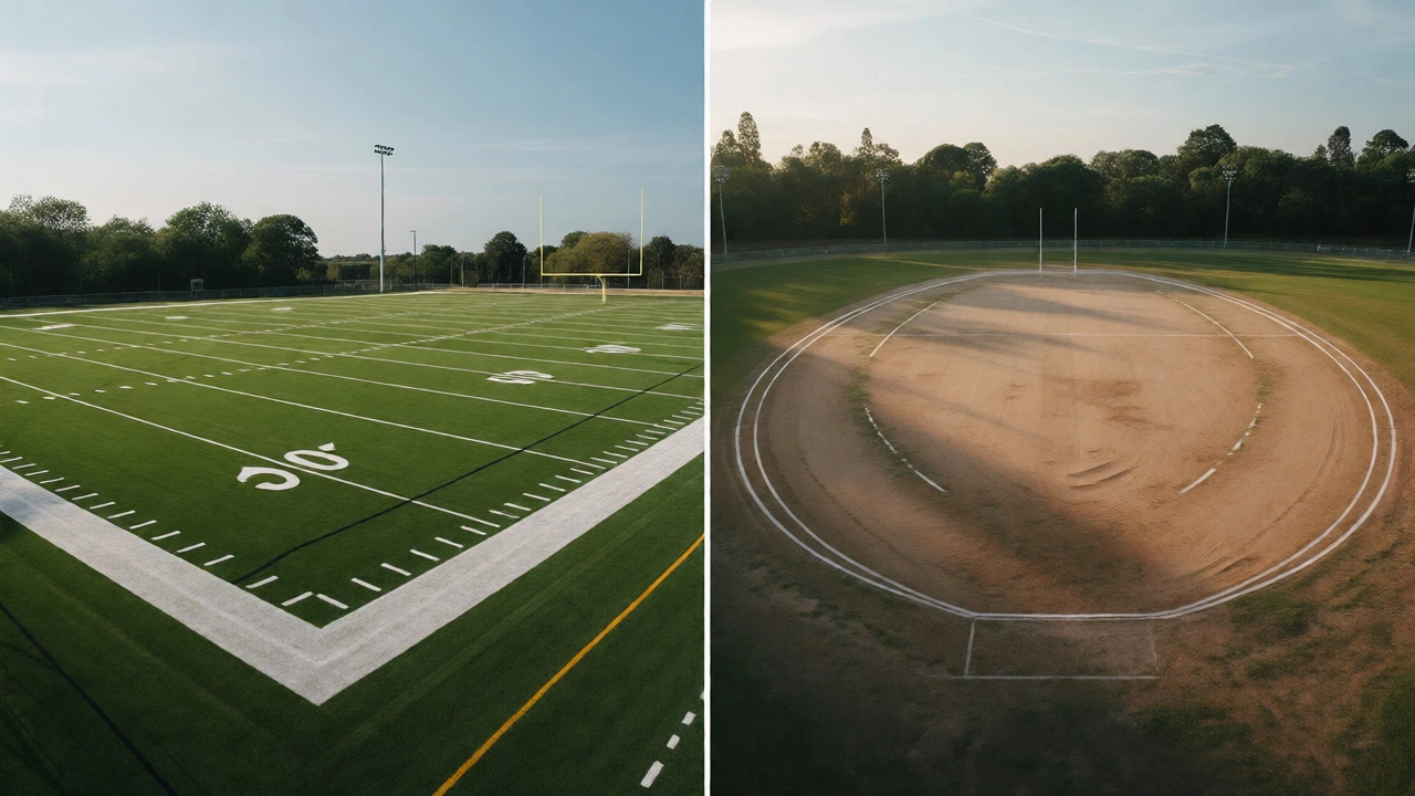 Side-by-side comparison of a rectangular American football field and an oval Australian rules ground.