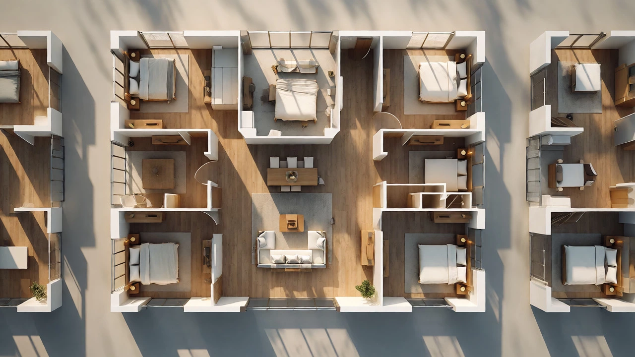 Top-down view of a spacious five-bedroom apartment floor plan with natural lighting.