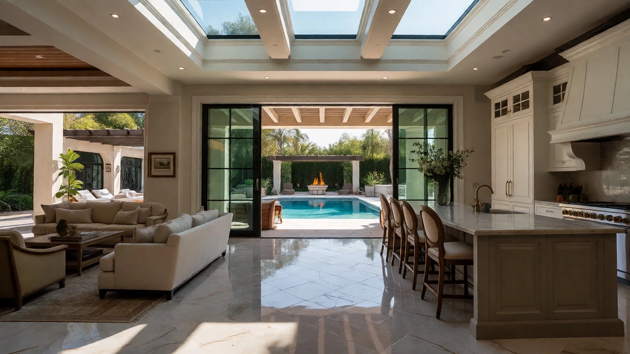 Villa interior with kitchen island opening to pool patio