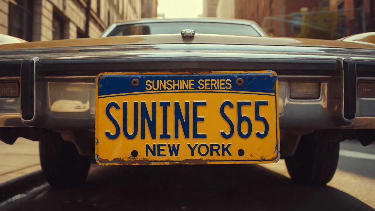 Vintage yellow NY Sunshine Series license plate on a classic car in an urban setting